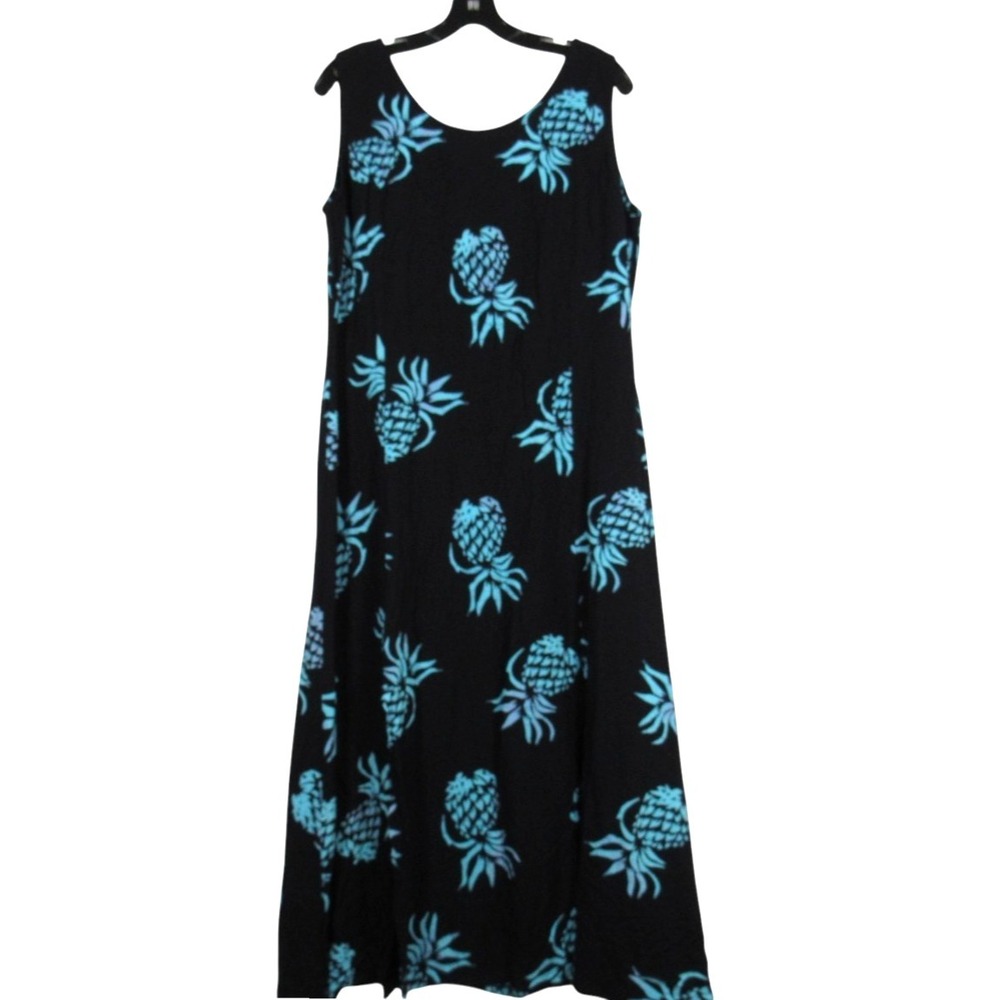 BALI BATIKS Blue TEAL PINEAPPLE PRINT Sleeveless FRONT/BACK SLITS Maxi Dress L